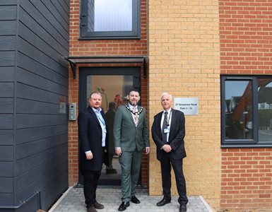 The Mayor of Hertsmere, Cllr Chris Myers, joined other dignitaries for a tour of a development of 15 affordable homes in Borehamwood, marking the completion of Hertsmere Developments Limited's (HDL) first housing project