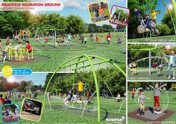 The Moatfield play area with children using the climbing equipment, swings and roundabout.