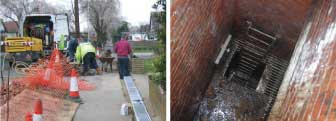 Workmen dealing with an issue on the road and a ladder located underground.