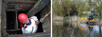 A workman preparing to go underground and a view of a lake.