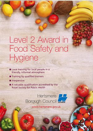 Front of leaflet for Level 2 Award in Food Safety and Hygiene with fruit boarder