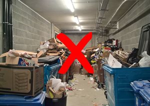 untidy bin store with red cross over image