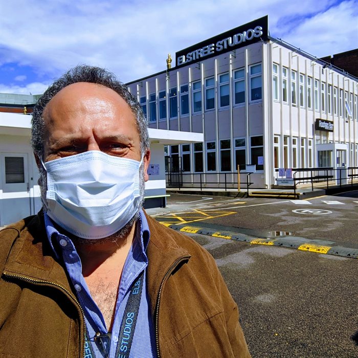 Cllr Morris Bright in a face mask outside Elstree Studios