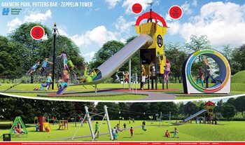 Oakmere Park Zeppelin Tower Play Area with a tunnel slide and climbing equipment.