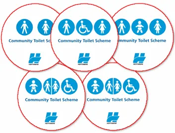 Community Toilet Scheme stickers with icons for toilet types including men, woman, disabled and baby facilities.