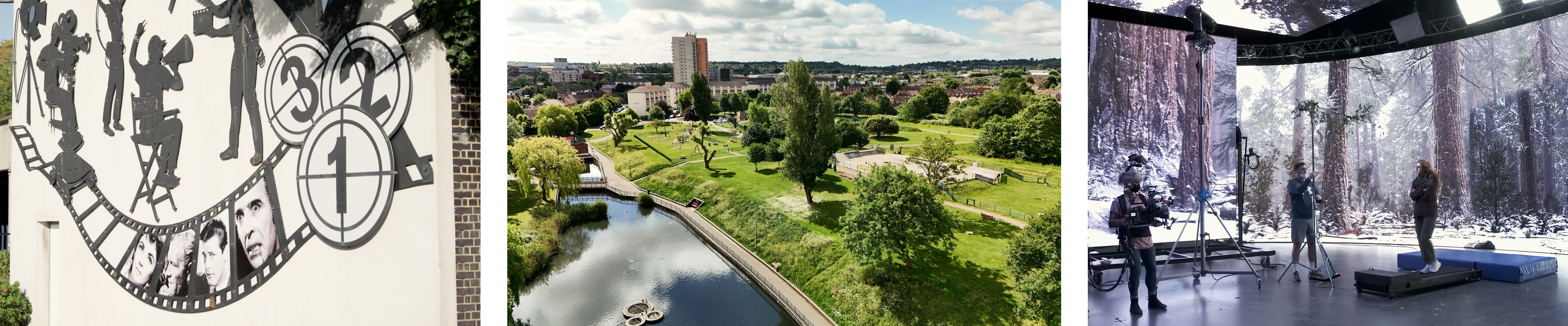 Three filming locations in Hertsmere, including a studio shot and birds-eye view of landscapes. 