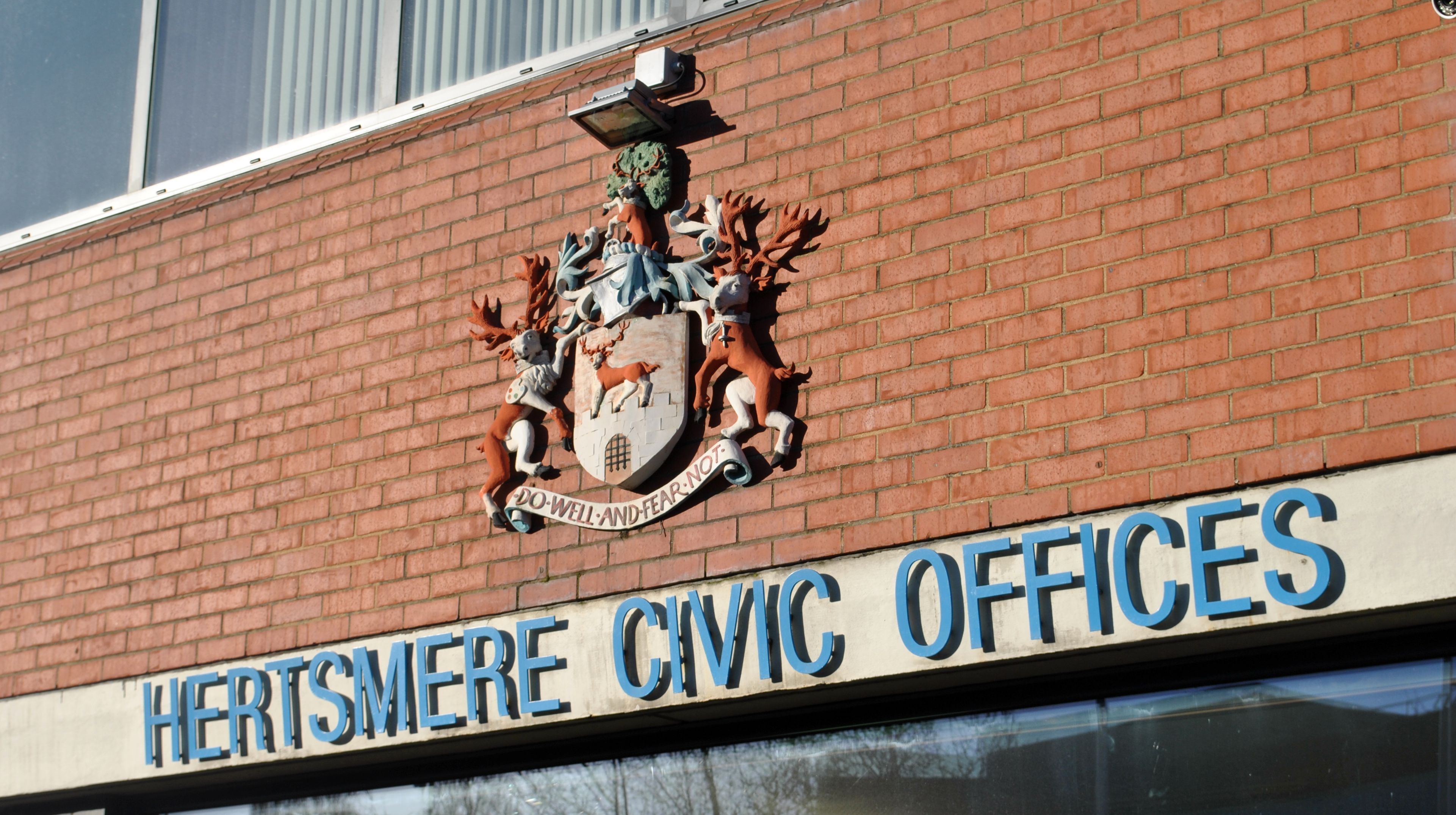 The sign on Hertsmere Borough Council's Civic Offices in Elstree Way, Borehamwood