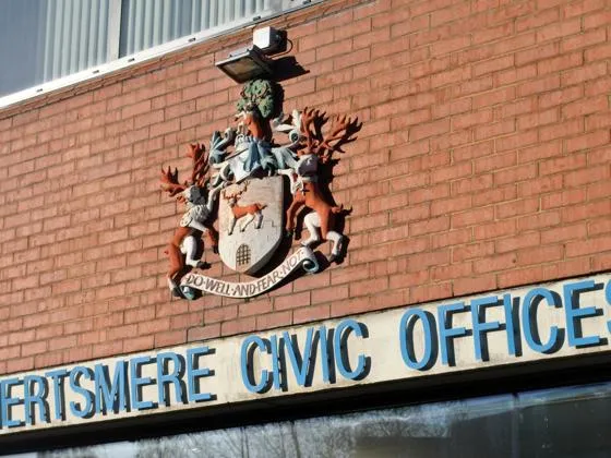 The sign on Hertsmere Borough Council's Civic Offices in Elstree Way, Borehamwood