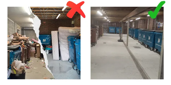 Bin store with rubbish on top of bins and on floor plus large items and mattress dumped to show bad example. Second image is good example of bin store - bins tidy, no excess waste on floor, everything contained within a bin.
