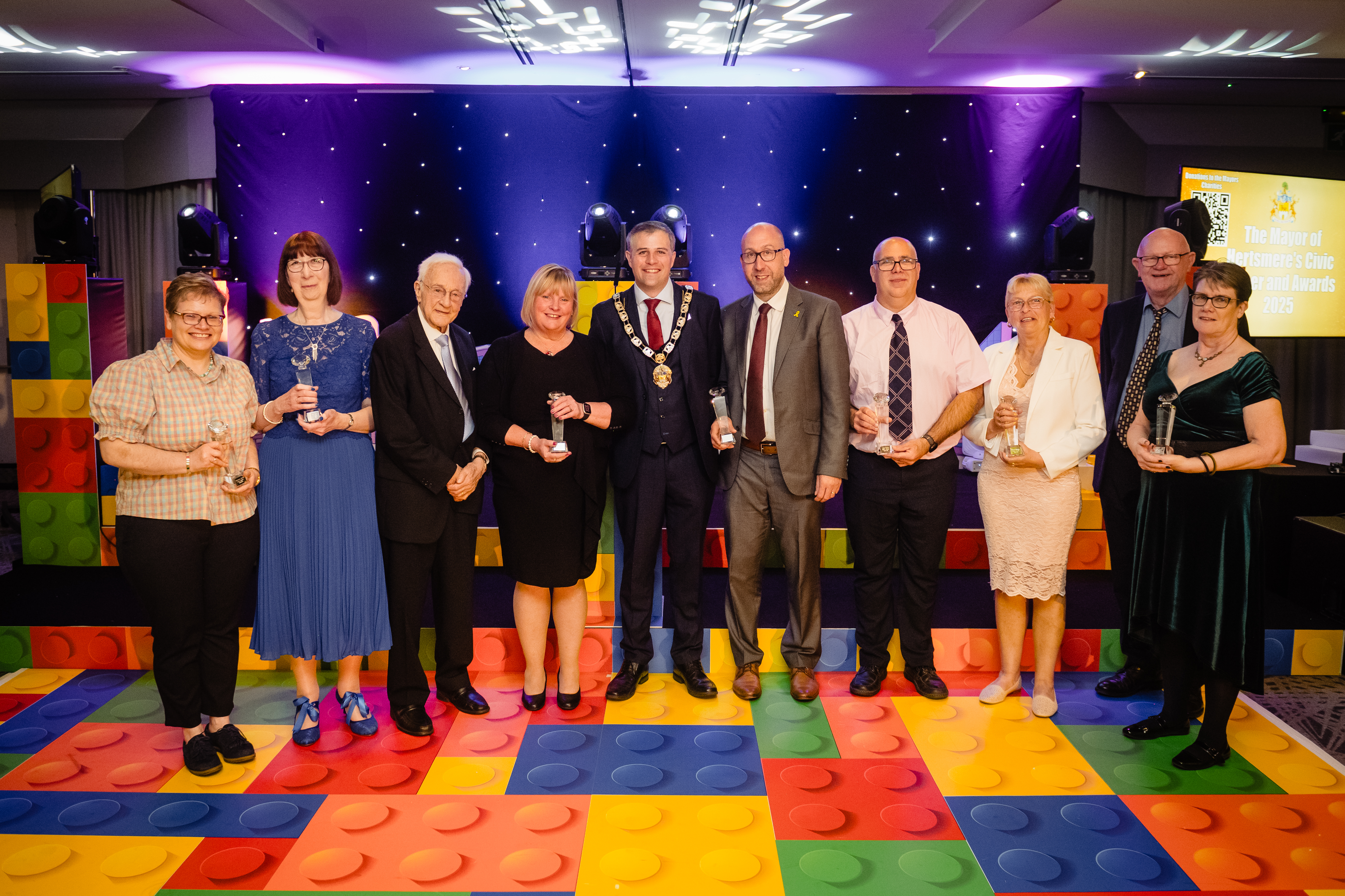 Civic Awards 2025 photo of all the winners with the Mayor of Hertsmere.