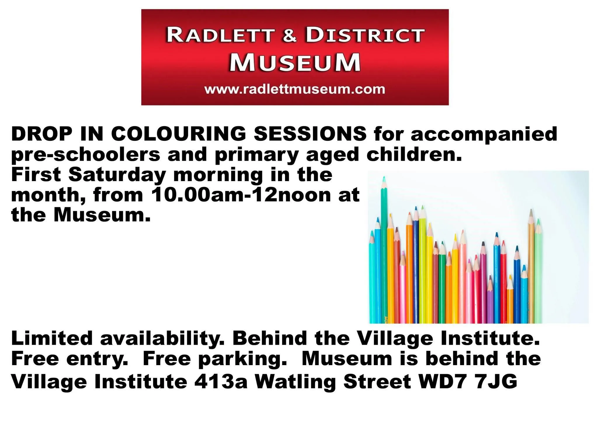 Drop in colouring sessions for accompanied pre-schoolers and primary aged children. First Saturday morning of the month, from 10am to 12pm at the museum.
Limited availability. Behind the Village Institute. Free Entry. Free Parking. Museum is behind the vi