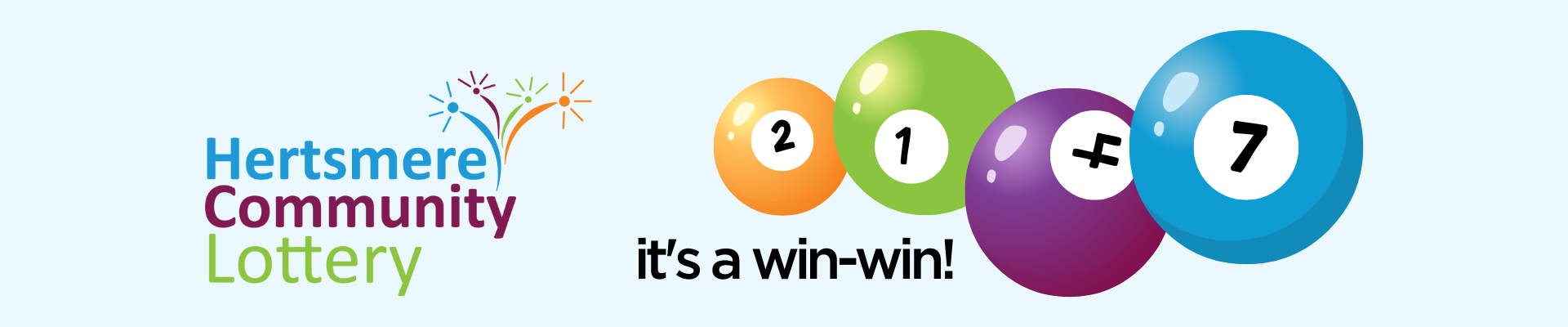 Hertsmere Community Lottery Logo with coloured balls displaying numbers. 