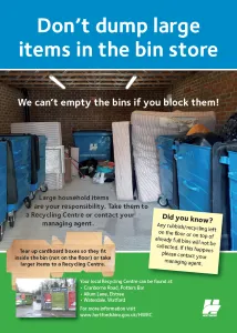 Poster advising residents not to dump large items in bin stores