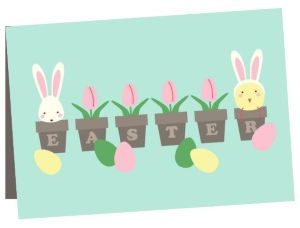 greetings card with Easter on it plus bunnies and flowers