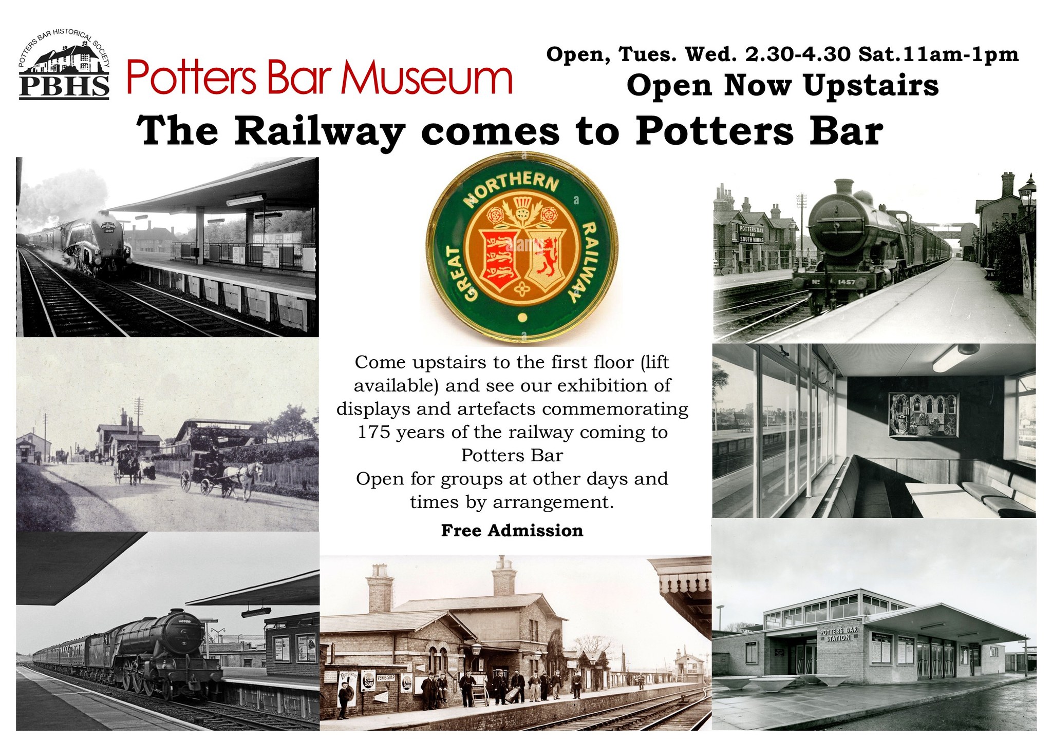 The Railway comes to Potters Bar. Come upstairs to the first floor (lift available) and see our exhibition of displays and artefacts commemorating 175 years of the railway coming to Potters Bar. Open for groups on other days and times by arrangement. Free