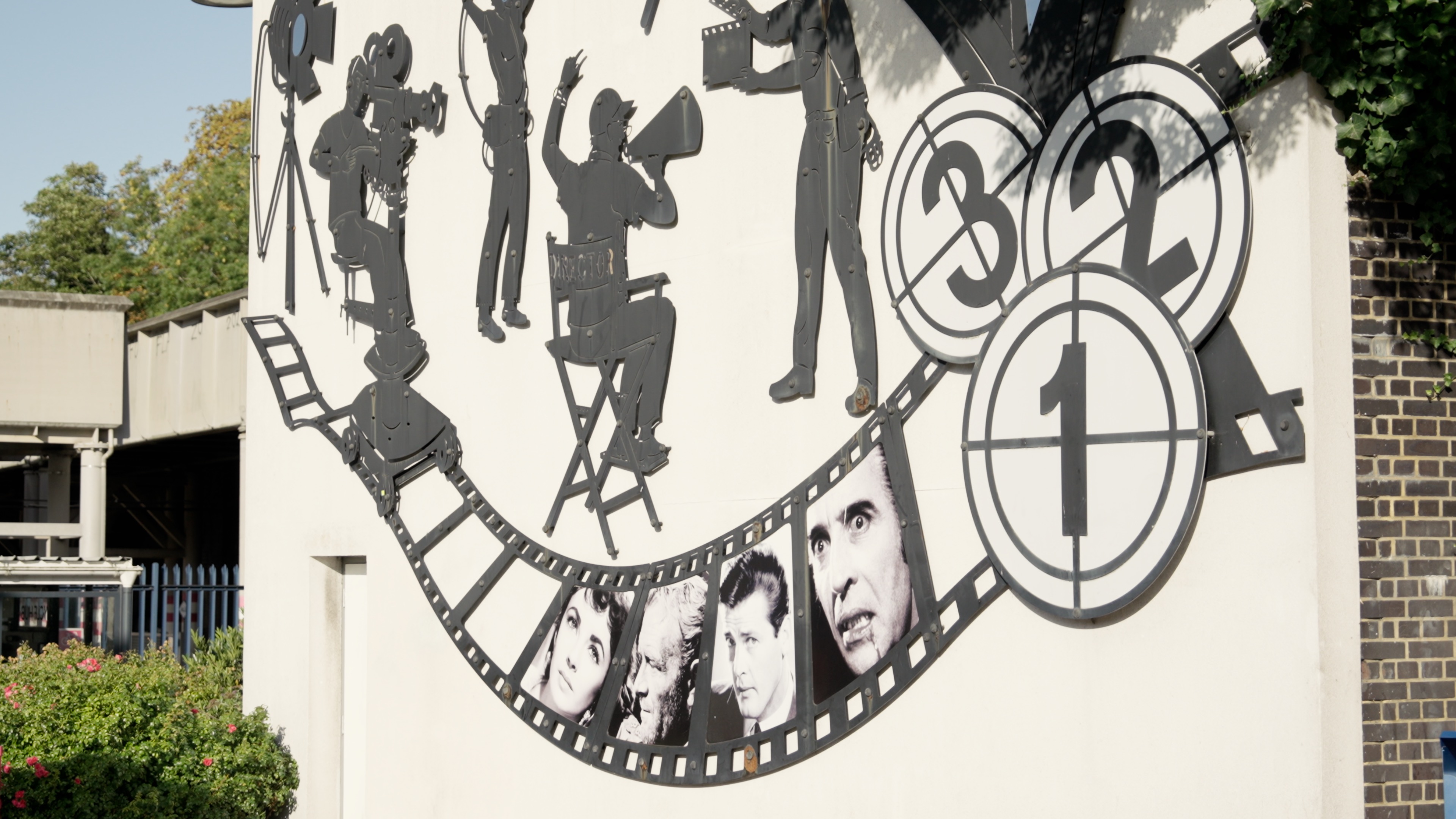 A film reel image on a wall. 