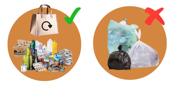 Loose recyclables and reusable bag - green tick. Bagged/tied recyclables - red tick