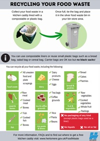 Poster showing how to use kitchen caddy then put in outside food bin, plus what food items are acceptable in the bin
