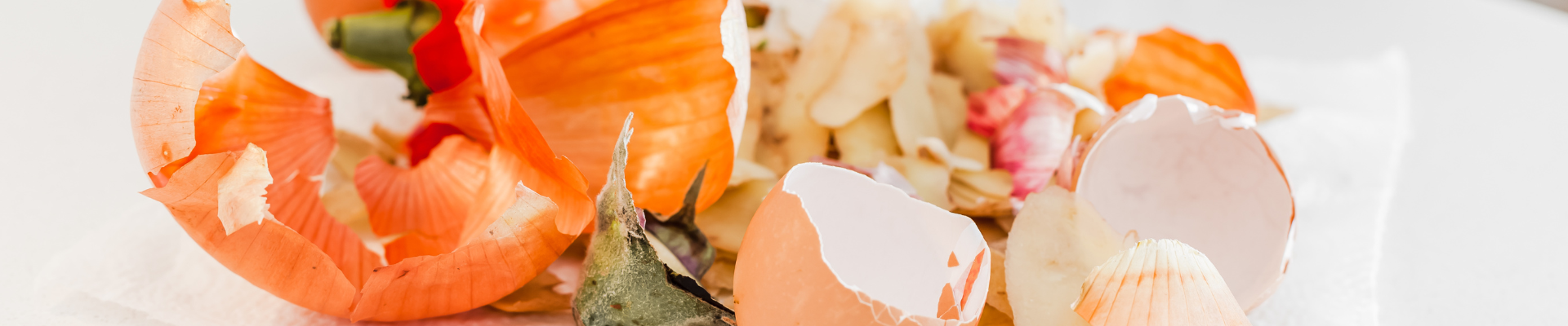 Food waste including eggs shells and vegetable peelings.