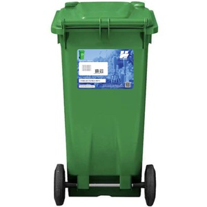 Green wheelie bin with blue subscription sticker attached at back under handles