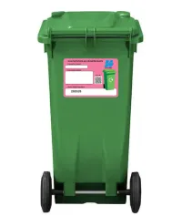 Back of green wheelie bin showing subscription sticker below handle