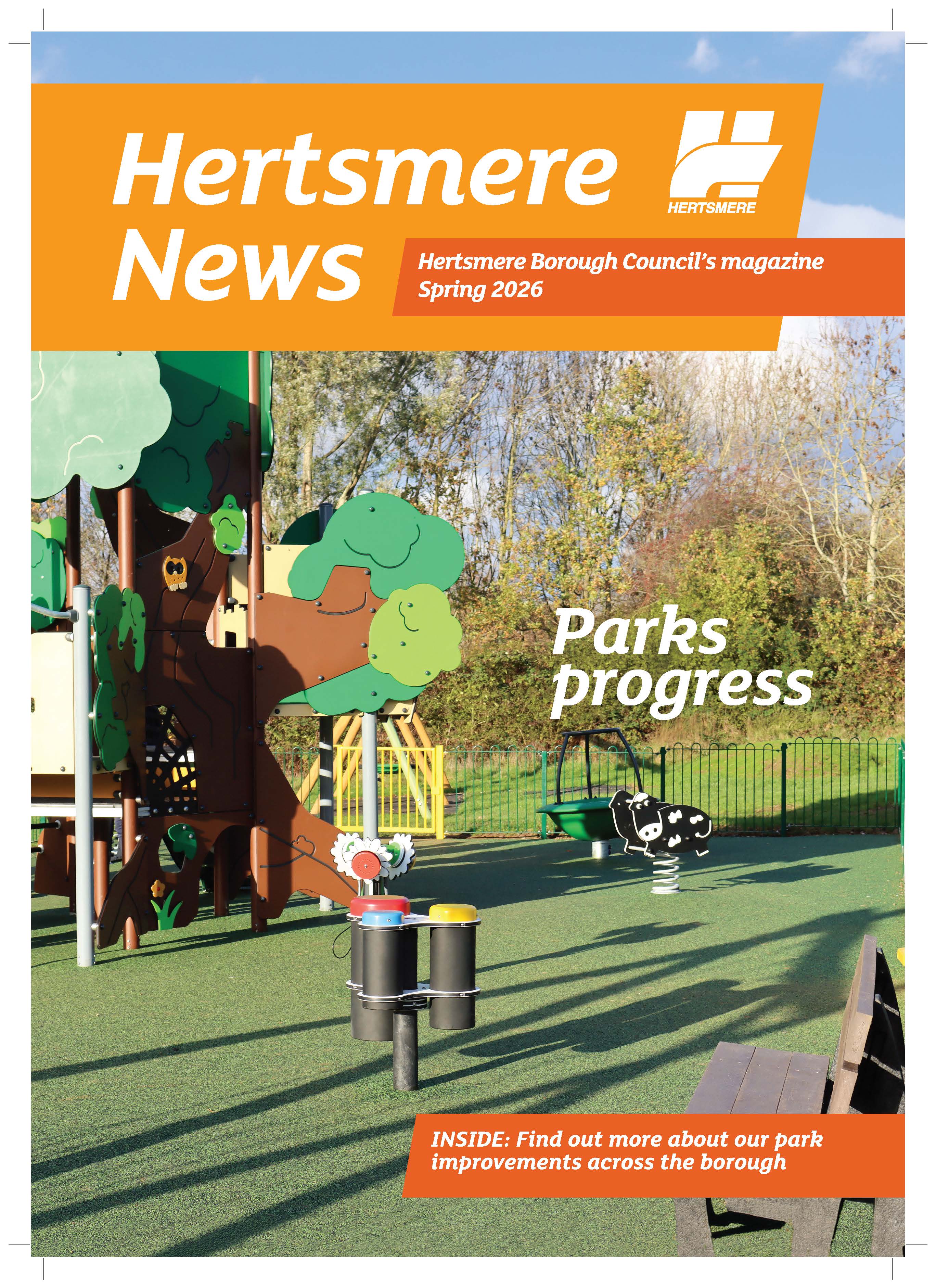 The front cover of Hertsmere News Spring 2026 edition, with a park and children's play area. 