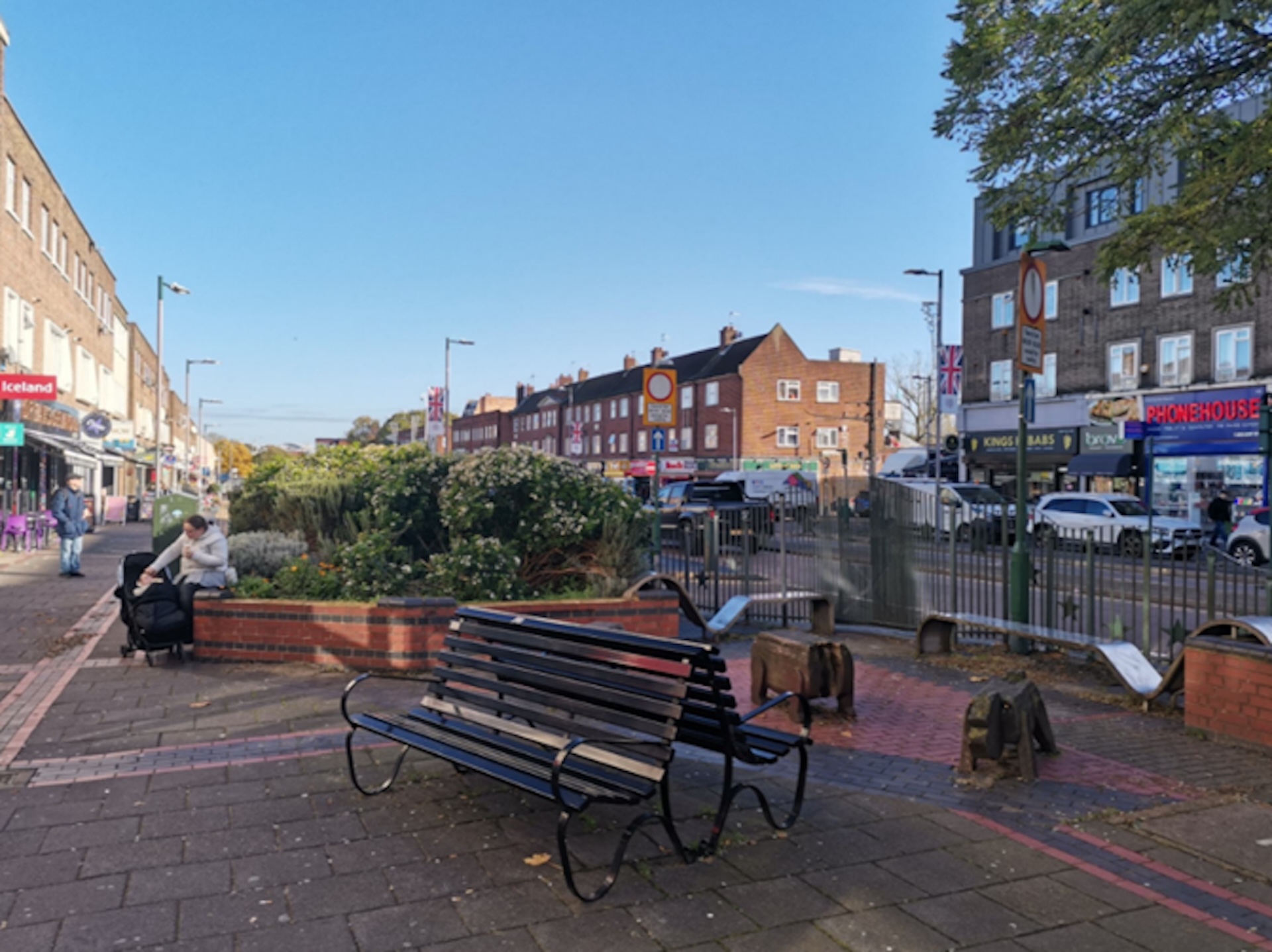 street scene and bench