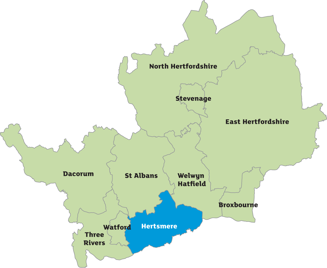 Map of Hertfordshire showing all of the councils