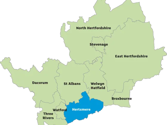 Map of Hertfordshire showing all of the councils