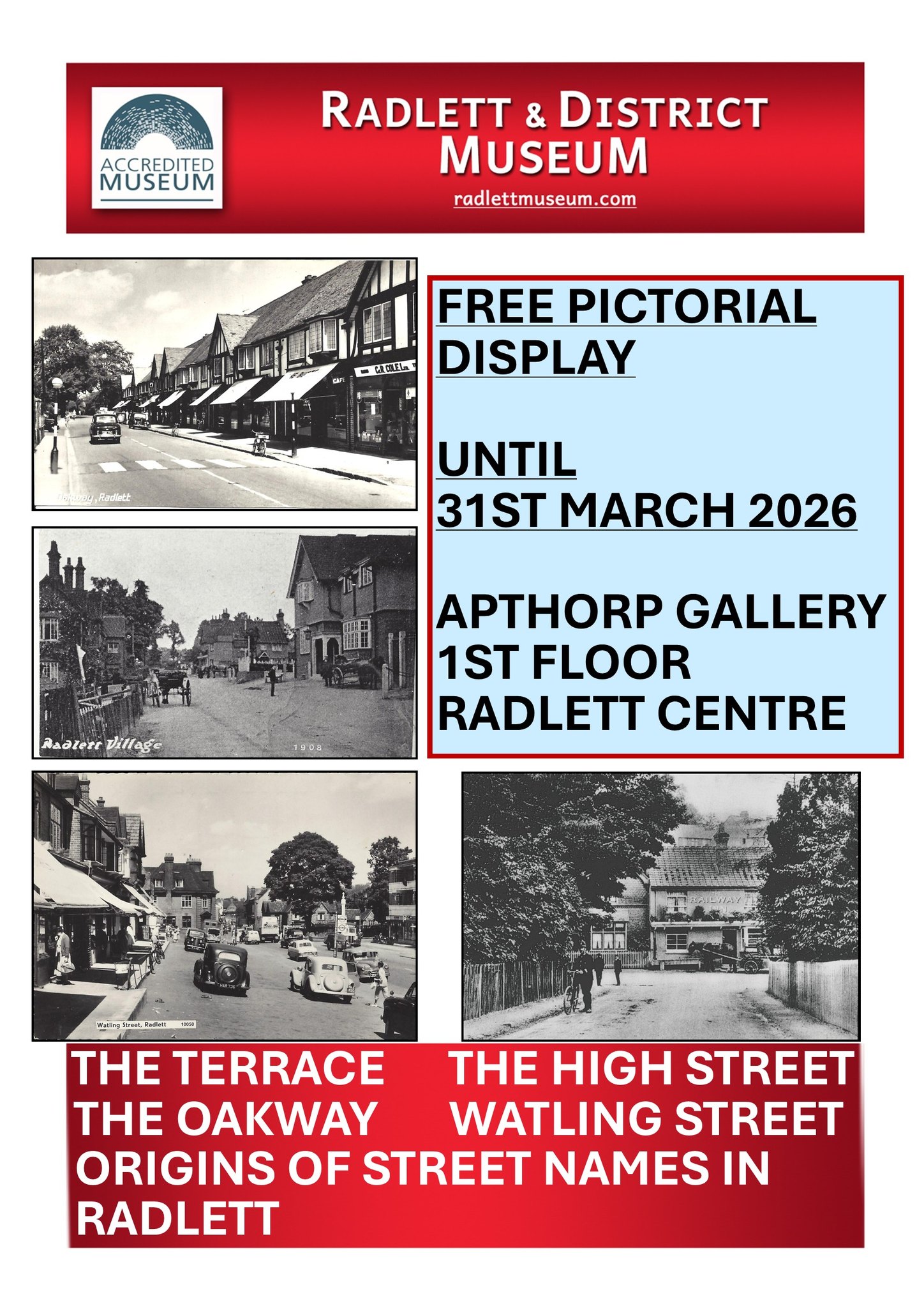 Radlett's Streets Exhibition Poster. Free pictorial display until 31st March 2026.
