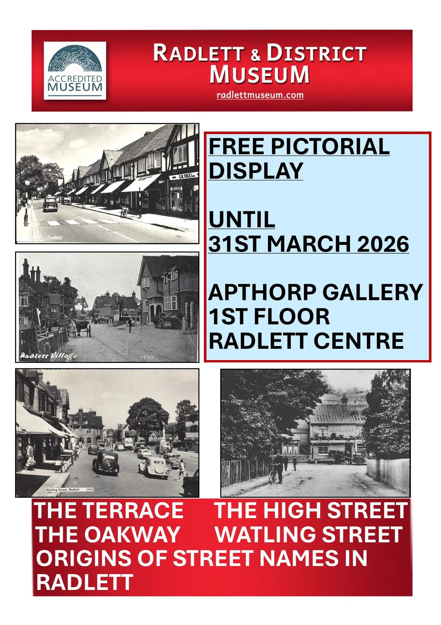 Radlett's Streets Exhibition Poster. Free pictorial display until 31st March 2026.