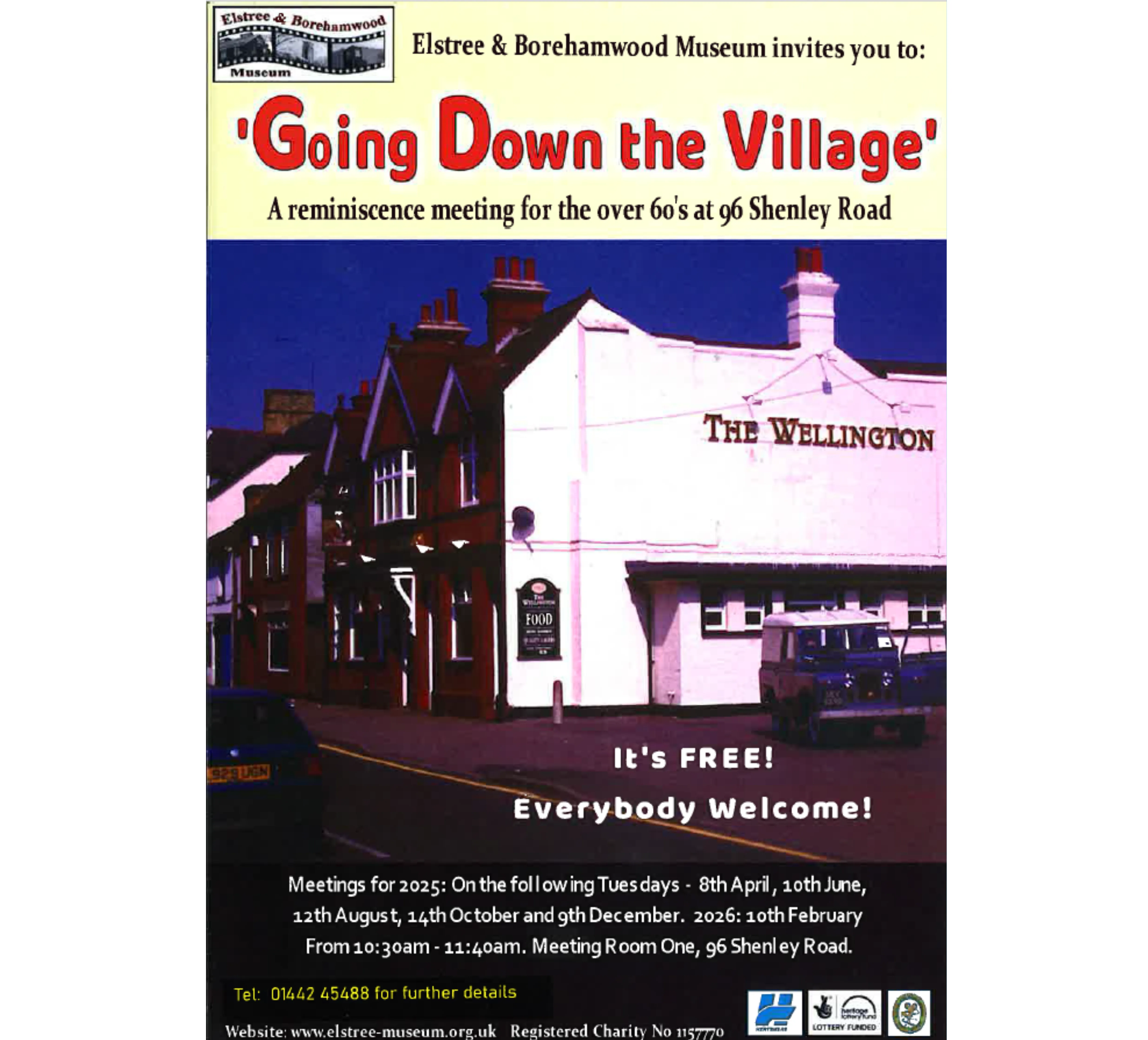 'Going Down the Village' Reminiscence Meeting Flyers. Dates include; 8th April, 10th June, 12th August, 14th October, 9th December and 10th February 2026. Free for everyone!